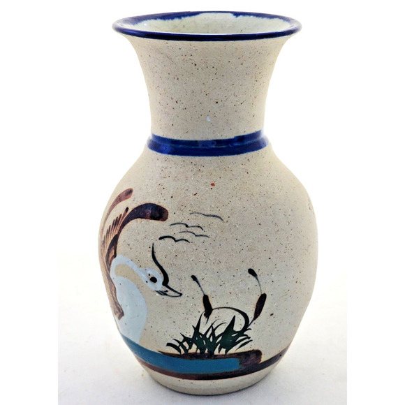 VASE-TONALA-MEXICAN-Cream Rough Finish-Blue Trim-Bird-Hand Painted-8" Tall - Picture 2 of 9